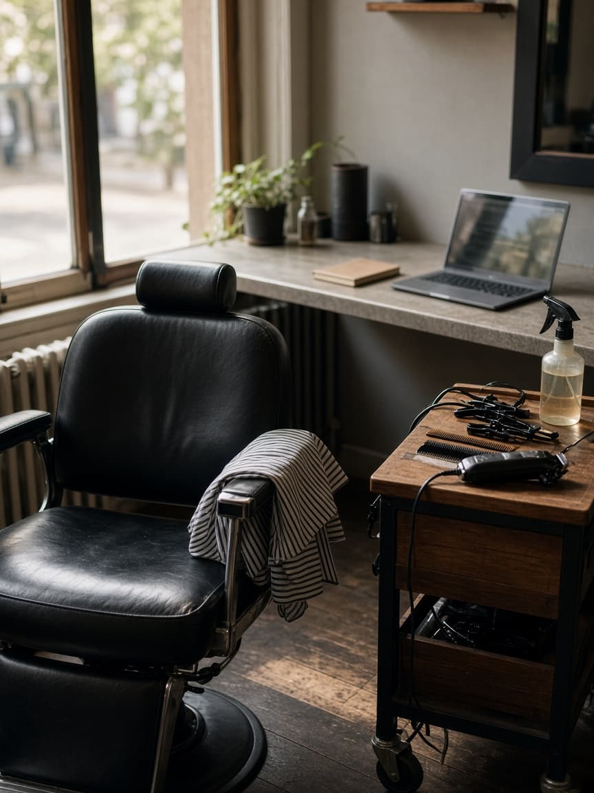 Empty salon station with tools and a laptop — setting up a studio